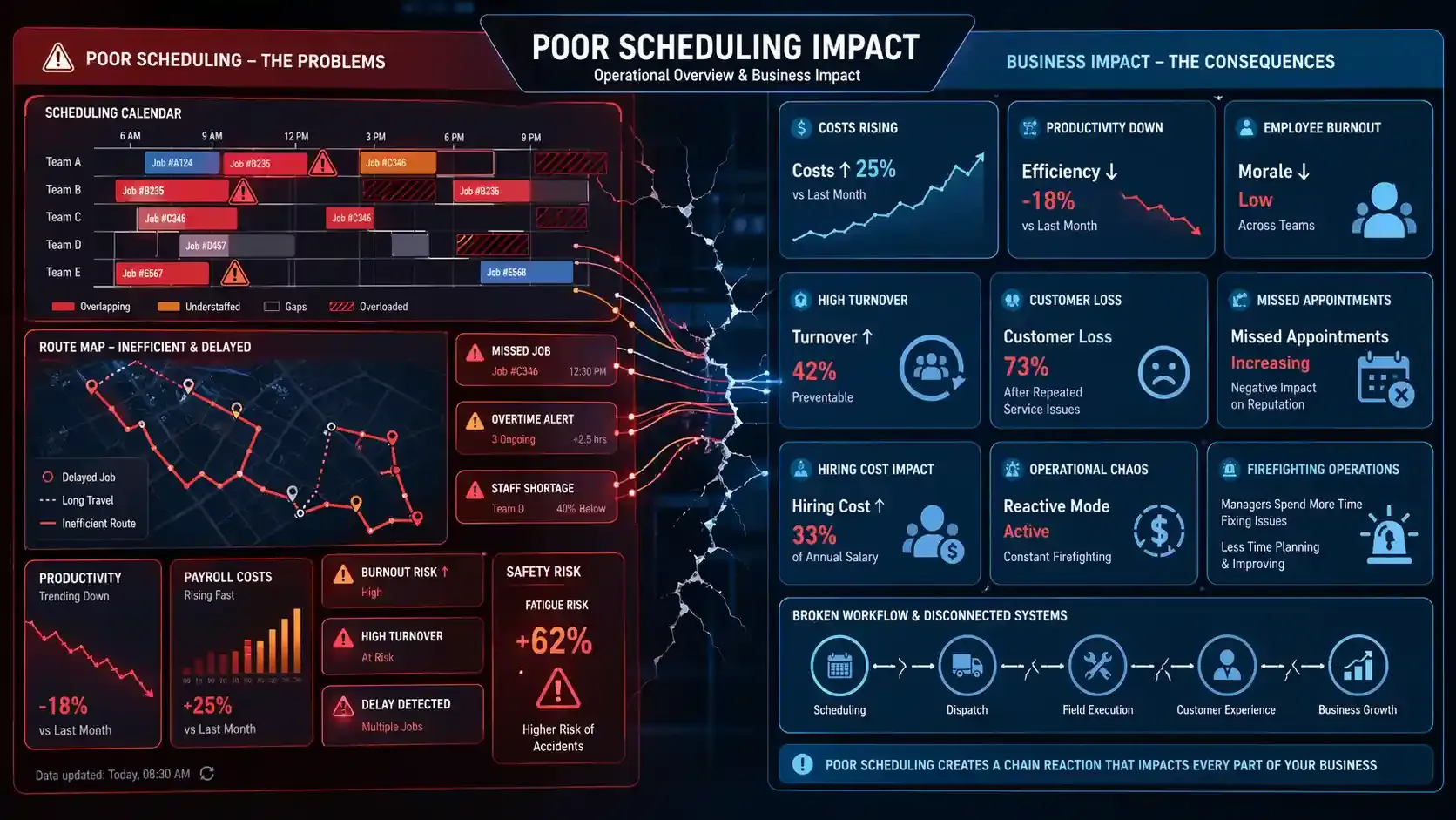Poor scheduling dashboard showing costs, delays, burnout, and inefficiency